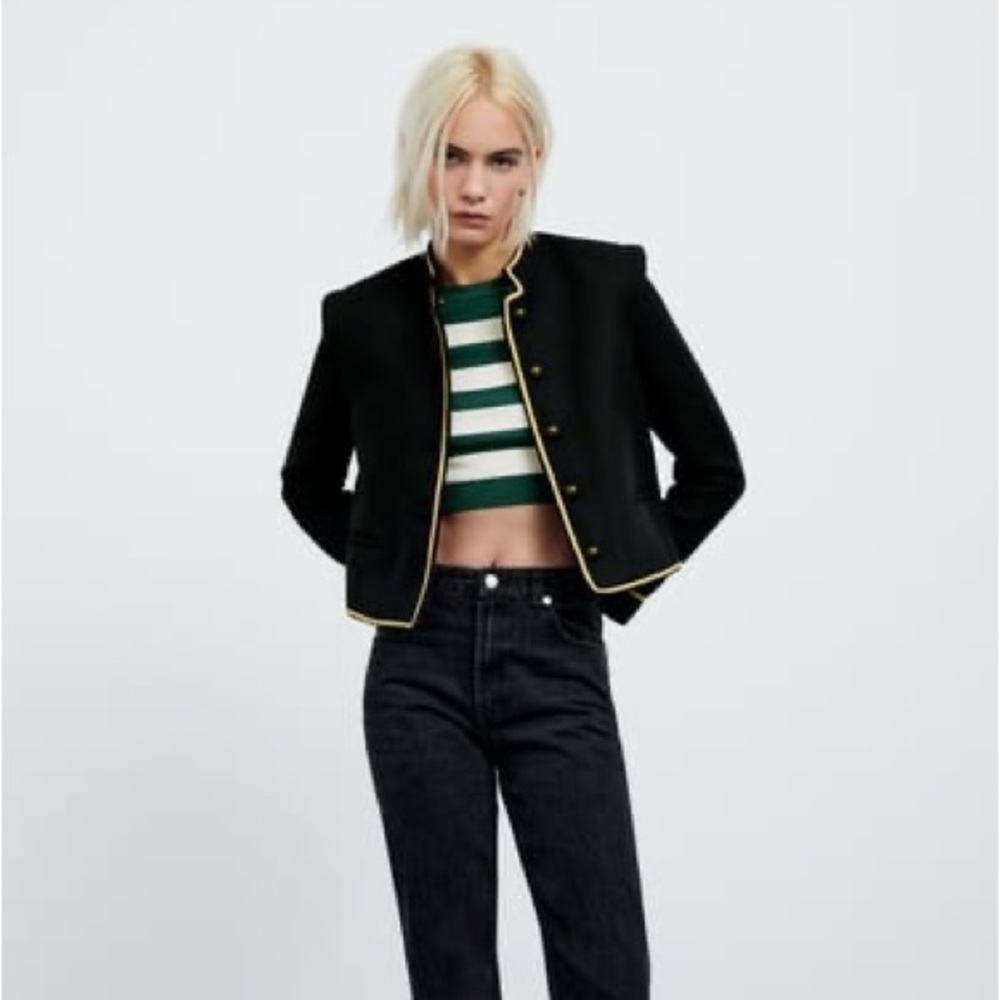 Zara navy blue cropped jacket with gold trim detail small